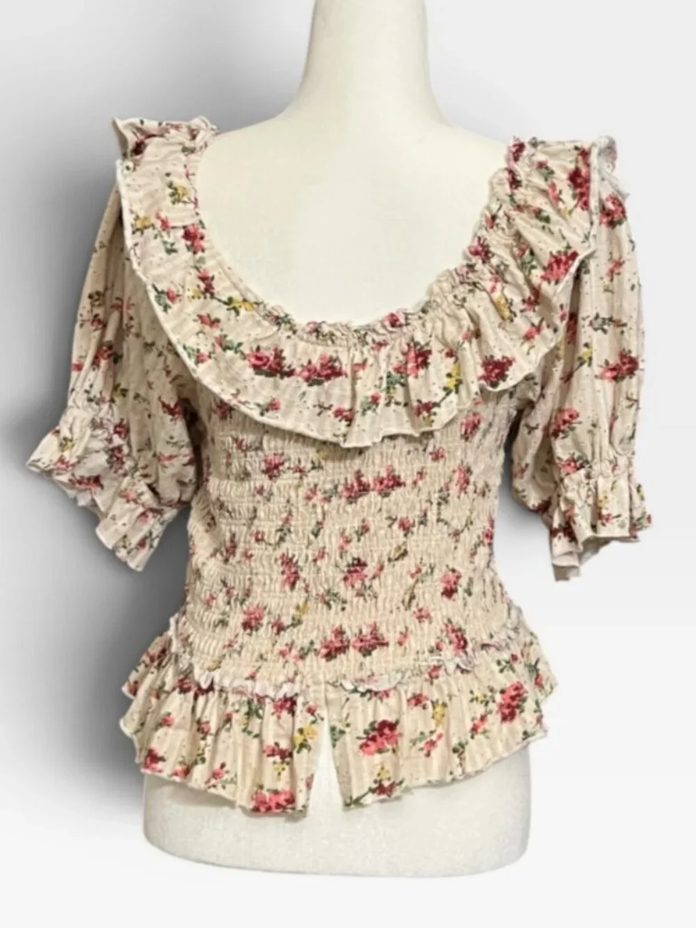 Free People Floral Smocked Ruffle Blouse Top Size L Fairy Cottagecore Boho